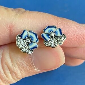 Stud Earrings Pansy Flowers Blue White Enamel CZ stones Sterling Silver .925